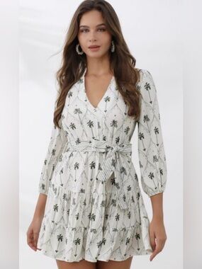 Zara White Palm-Print V-Neck Tiered Mini Dress “Missing Belt”